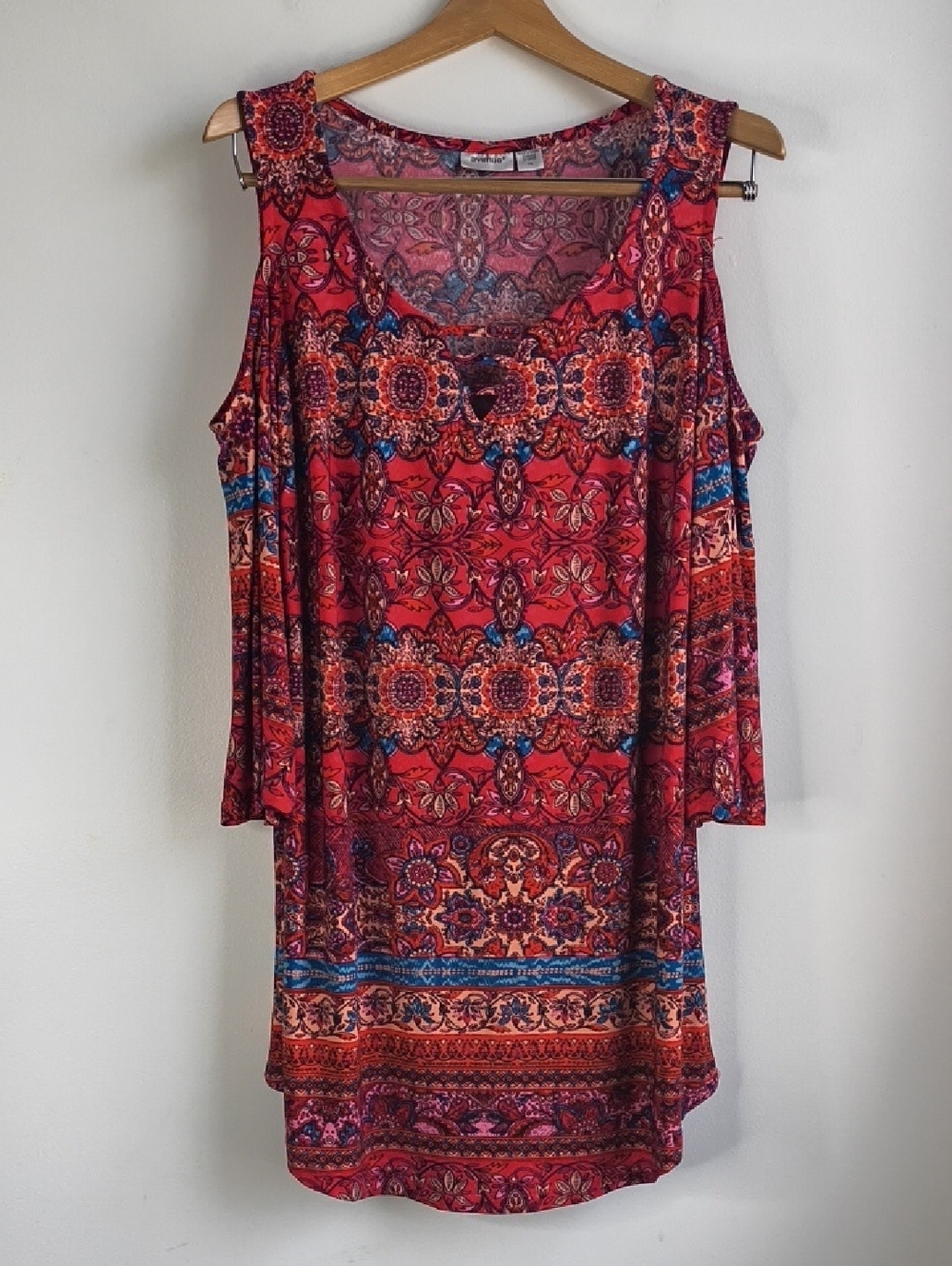Avenue Red and Blue Paisley Cold-Shoulder Mini Dress